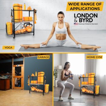 London & Byrd - Set up in minutes - Home Gym Storage Rack. Steel construction, heavy duty wheels, with basket and hooks. Great for yoga mat storage, kettlebell storage, and small dumbbell storage.