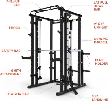 RitFit BPC05 Light Commercial Smith Machine, 2000LBS All-in-One Strength Training Station Power Rack with Cable Crossover System, 260 lbs Weight Stacks, and 22 Attachments for Full Body Workout