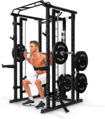 RitFit BPC05 Light Commercial Smith Machine, 2000LBS All-in-One Strength Training Station Power Rack with Cable Crossover System, 260 lbs Weight Stacks, and 22 Attachments for Full Body Workout