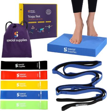 Special Supplies Exercise Resistance Bands, Yoga Strap, and Balance Pad for Stretching, Exercise, Fitness, and Injury Recovery, Home Gym and Personal Training Equipment, 7 Pc. Yoga Set