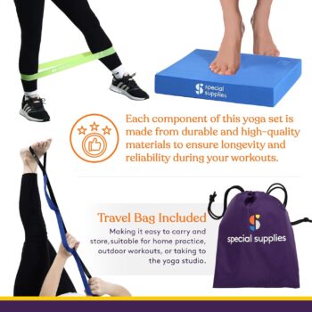 Special Supplies Exercise Resistance Bands, Yoga Strap, and Balance Pad for Stretching, Exercise, Fitness, and Injury Recovery, Home Gym and Personal Training Equipment, 7 Pc. Yoga Set