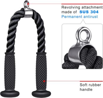 Tricep Rope, Cable Machine Attachments Pulley System Gym Pull Down Rope, Heavy Duty Nylon Rope with Soft Rubber Ends