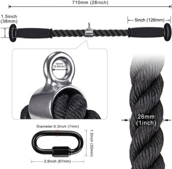 Tricep Rope, Cable Machine Attachments Pulley System Gym Pull Down Rope, Heavy Duty Nylon Rope with Soft Rubber Ends