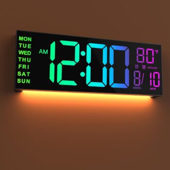 JALL 16" Large Digital Wall Clock with Remote Control, Dual Alarm with Big LED Screen Dispaly, 8 RGB Colors, Auto DST, Temperature for Living Room, Bedroom, Decor, Gift for Elderly (Black, 16 inches)