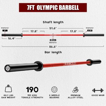 Mikolo 7ft Olympic Barbell, Barbell for Weightlifting and Powerlifting 45lb, Olympic Bar for 1500lbs Capacity, Weight Bar Fit 2” Standard Weights