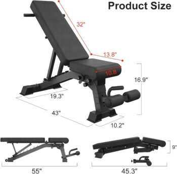 YOUTEN 1000 LB Weight Bench Heavy Capacity | 9-4-4 Almost 90° Adjustable Incline Decline Exercise Bench Press for Home Gym More Stable and Durable | Foldable Training Lifting Bench | Dragon Flag Handle for Abdominal Arm Workout