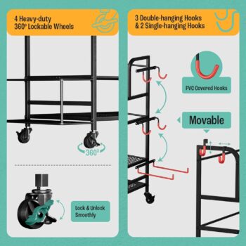 Yes4All Home Gym Organizer Storage Rack with Lockable Casters - Home Gym Storage Rack for Dumbbells Kettlebells, Yoga Mat Storage Rack, Workout Equipment Storage (Steel, Black)