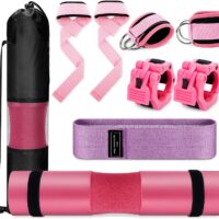 Gym Set Equipment with Foam Barbell Pad for Squats Bench Press - Hip Thrusts Pad Ankle Strap for Cable Machine Hip Resistance Band Weight Lifting Strap Barbell Clips and Carry Bag Gym Accessories