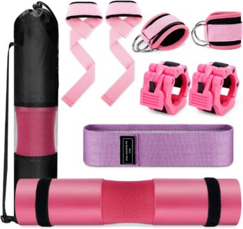 Gym Set Equipment with Foam Barbell Pad for Squats Bench Press - Hip Thrusts Pad Ankle Strap for Cable Machine Hip Resistance Band Weight Lifting Strap Barbell Clips and Carry Bag Gym Accessories