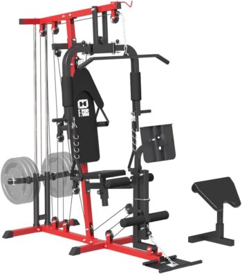 Home Gym System Workout Station, Multifunctional Full Body Home Gym Equipment with Pulley System, Plate Loaded Home Gym Station with Various Exercise Attachments for Total Body Training