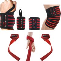 Knee Wraps + Wrist Wraps + Weight Lifting Straps Bundle (3 Pairs) for Weightlifting Bodybuilding Strength Training Workout Gym, Fitness Protective Set for Men & Women