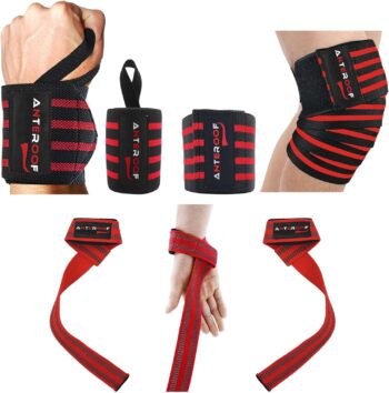 Knee Wraps + Wrist Wraps + Weight Lifting Straps Bundle (3 Pairs) for Weightlifting Bodybuilding Strength Training Workout Gym, Fitness Protective Set for Men & Women