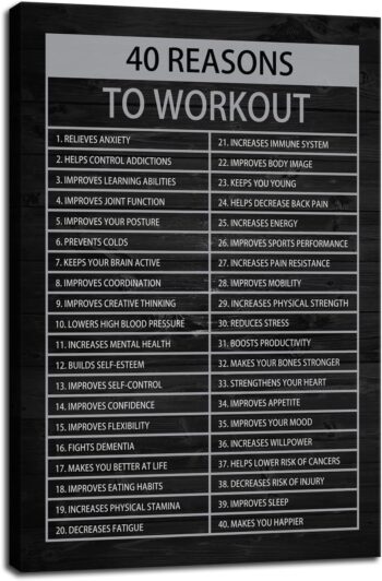 40 Reasons to Workout Motivational Quotes Exercise Canvas Wall Art Inspirational Fitness Poster Print Modern Inspiring Picture Painting Framed Artwork for Office Gym Home Wall Decor[12''W X 18''H]