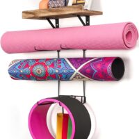 Bikoney Yoga Mat Holder Wall Mount Yoga Mat Storage Home Gym Accessories with Wood Floating Shelves and 4 Hooks for Hanging Foam Roller and Resistance Bands Fitness Home Gym