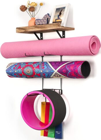 Bikoney Yoga Mat Holder Wall Mount Yoga Mat Storage Home Gym Accessories with Wood Floating Shelves and 4 Hooks for Hanging Foam Roller and Resistance Bands Fitness Home Gym