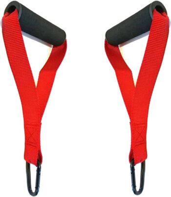 FITNESS MANIAC 2X D-Handles Fitness Strength Training Foam Grips D-Ring Stirrup Steel Hook Straps Handle Bodybuilding Home Gym Cable Machine Attachments Pull Up Exercise Equipment RED PAIR