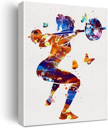 Woman Weight Lifter Watercolor Wall Art Female Weightlifter Canvas Painting Prints for Home Gym Wall Decor Framed Artwork Gifts(12x15 Inch)
