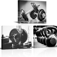 Canvbay 3 Pieces Fitness Gym Canvas Wall Art Black and White Dumbbells Barbell Kettlebell Pictures Painting Weightlifting Training Print Poster for Home Decor Sports Room Framed 12x16inchx3pcs