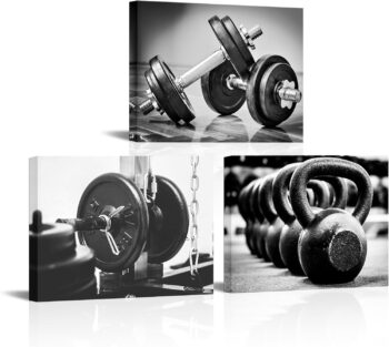 Canvbay 3 Pieces Fitness Gym Canvas Wall Art Black and White Dumbbells Barbell Kettlebell Pictures Painting Weightlifting Training Print Poster for Home Decor Sports Room Framed 12x16inchx3pcs