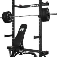 RitFit Multi-Functional Folding Squat Rack for Home Gym, 2.36'' x 2.36'' Wall Mounted Squat Rack with Attachments - Space Saving Squat Power Rack