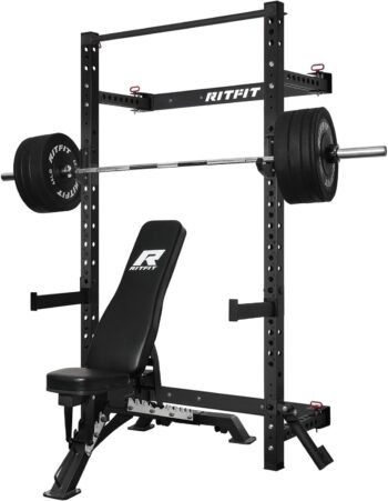 RitFit Multi-Functional Folding Squat Rack for Home Gym, 2.36'' x 2.36'' Wall Mounted Squat Rack with Attachments - Space Saving Squat Power Rack