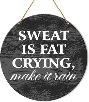 Muktoujaumai Funny Gym Signs Wall Decor, Home Gym Inspirational Wall Decor Gym Hanging Signs Rustic Decorations for Office, Fitness, Workout Room, Sweat Is Fat Crying